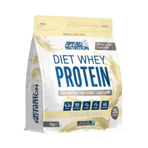 Applied Nutrition Diet Whey vanilla ice cream flavored protein powder supplement for weight management, featuring a high protein, low carb and sugar formula with CLA, L-Carnitine, and Green Tea.