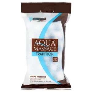 This soft AQUA MASSAGE cellulose bath sponge gently cleanses and exfoliates skin, comes in assorted colors, and should be rinsed and stored properly.