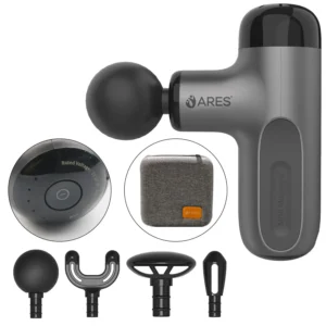 The ARES iCute gray massage gun offers deep tissue percussion with 4 detachable heads, 5 speeds, and a long-lasting battery for full body muscle relaxation.