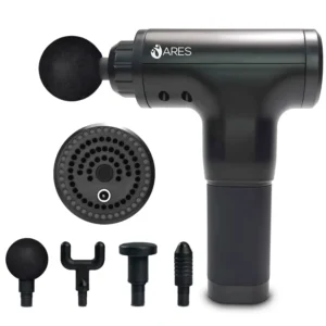 This handheld ARES muscle massage gun with six speeds and four detachable heads provides deep tissue percussion therapy for muscle recovery and relaxation.