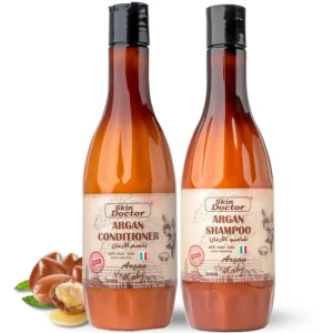Skin Doctor Moroccan Argan Oil shampoo and conditioner set in liquid form for hydrating, repairing, and protecting dry and damaged hair.