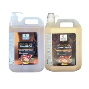 This professional argan oil shampoo and conditioner set in large 5-liter bottles provides deep hydration, smoothness, and shine for all hair types, featuring convenient pump dispensers for easy use.