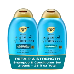 OGX Argan Oil of Morocco shampoo and conditioner set gently cleanses and hydrates dry, damaged hair, leaving it soft, silky, and shiny while protecting it from heat styling.