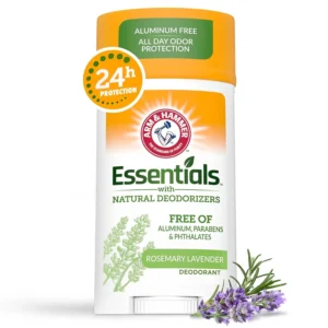 ARM & HAMMER Essentials natural deodorant in Fresh scent with lavender and rosemary offers 24-hour odor protection for men and women, made with baking soda and plant extracts, free of aluminum and parabens.