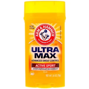 Arm & Hammer Ultramax Active Sport antiperspirant deodorant provides odor protection with Arm & Hammer baking soda and is aluminum and paraben free.