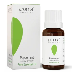 Bottle of Aroma Treasures peppermint essential oil, a 100% pure and natural oil known for its stress relieving properties and skin-friendly ingredients.