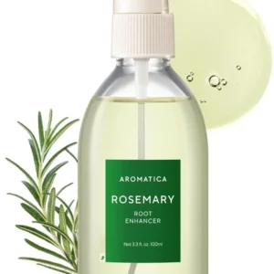 A bottle of AROMATICA Rosemary Root Enhancer scalp spray designed to revitalize the scalp and strengthen hair with salicylic acid.
