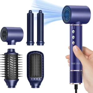 The Aroura 5-in-1 hair styling tool set includes a high-speed hair dryer, two air curling barrels, a volumizer brush, and a paddle brush for creating various hairstyles with salon-quality results.