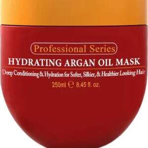 Arvazallia hydrating argan oil hair mask in an 8.45oz container, formulated for dry and damaged hair.