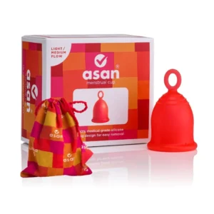 Asan light/medium flow menstrual cup made with premium medical grade silicone, featuring a unique ring design for easy removal and comfortable period protection for up to 12 hours.