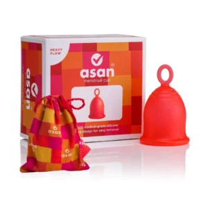 Asan Heavy Flow menstrual cup made with medical-grade silicone, featuring a unique ring for easy removal and providing 12-hour leak-free protection for women with heavy periods.