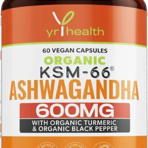 Organic Ashwagandha KSM-66 capsules with turmeric and black pepper for enhanced absorption and overall well-being, certified by the Soil Association and Vegan Society.