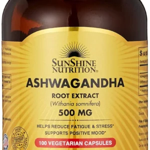 Sunshine Nutrition Ashwagandha root extract capsules help reduce fatigue, manage stress, and support adrenal health for overall wellness.