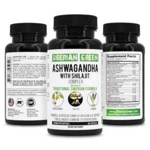 This bottle contains 60 Siberian Green Ashwagandha capsules with Ayurvedic Shilajit complex for stress relief, immune support, and overall wellness.