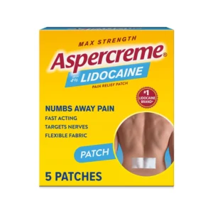 Image of five Aspercreme odor-free max strength lidocaine pain relief patches designed to target and relieve back pain and sore muscles.