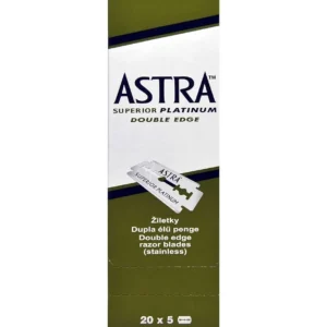 A carton of one hundred Astra Superior Platinum double edge razor blades, individually sealed for use in safety razors, promising a smooth shave.