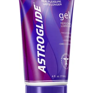 Five bottles of Astroglide personal lubricant gel, each containing 4 ounces, are displayed.