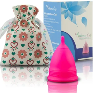 Athena reusable menstrual cup in larger size, made of soft silicone with form fit rim for easy insertion and up to 12 hours of protection.