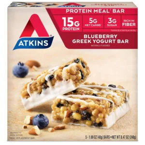 Five Atkins blueberry flavored Greek yogurt protein bars with 14g of protein and no artificial ingredients in secure packaging.