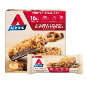 This image shows a box of Atkins Chocolate Peanut Butter Pretzel Bars, a delicious snack food bar for a low-carb lifestyle.