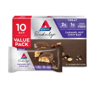 One Atkins Endulge Caramel Nut Chew bar featuring peanuts, nougat, a caramel layer, and chocolate coating, with 6 grams of fiber per serving.