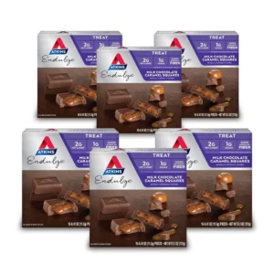 Six boxes of Atkins Endulge Milk Chocolate Caramel Squares, featuring a smooth caramel filling coated in sweet milk chocolate, perfect for a keto-friendly treat.