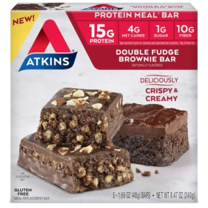 Five Atkins Double Fudge Brownie Bars are displayed, each containing 15g of protein, 1g of sugar, and 4g of net carbs, making them a delicious gluten-free, low sugar protein snack.