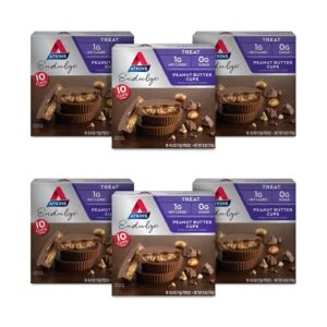 Six boxes of Atkins Endulge peanut butter cups, rich milk chocolate filled with creamy peanut butter, a delicious and excellent source of fiber.