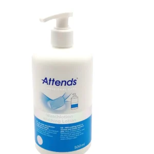A bottle of Attends Washing Lotion gently cleanses and softens sensitive skin without soap or water, leaving it free from irritation.