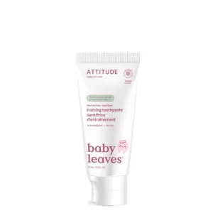 A tube of ATTITUDE baby strawberry toothpaste, a natural and vegan fluoride-free formula, ideal for training toddlers good dental habits.