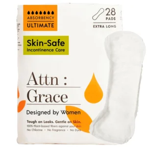 ATTN: GRACE ultimate incontinence pads offer maximum absorbency and odor control with breathable, plant-based materials for women experiencing heavy bladder leakage.