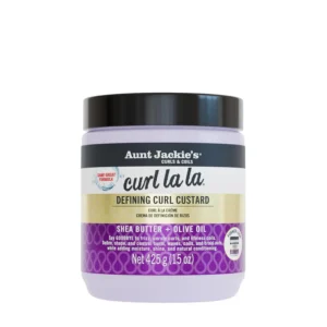 A jar of Aunt Jackie's Curl La La Defining Curl Custard helps define curls, spirals, and coils while adding shine and bounce, and eliminating frizz.