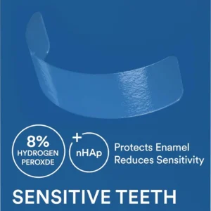 AURAGLOW teeth whitening strips for sensitive teeth with nanohydroxyapatite to protect enamel and 8% hydrogen peroxide.