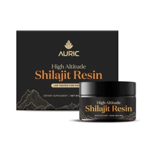 Auric shilajit resin sourced from high altitudes, containing 75% fulvic acid and over 85 trace minerals, shown with included brass spoon and shilajit rock.