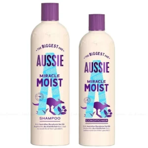 Aussie Miracle Moist shampoo and conditioner set infused with macadamia nut oil, hydrating dry and thirsty hair.