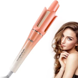 Pink automatic curling iron creating effortless waves, featuring adjustable temperature settings and a portable design for easy styling and travel.