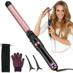 White automatic hair curler and straightener with digital display showing temperature settings, designed for fast and safe hair styling.