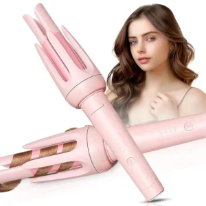 Pink automatic hair curler with temperature and timer settings for creating beautiful, long-lasting curls without heat damage.