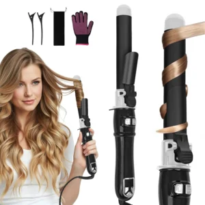 The automatic hair curler and straightener in black features an LCD display and ceramic barrel for creating curls and waves.