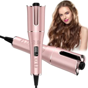 Rose gold auto hair curler with LCD temperature display creates effortless, long-lasting curls with adjustable settings and anti-scald design.