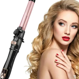 Rose gold automatic rotating curling iron creating effortless waves for medium-long hair with adjustable temperature and LCD display.