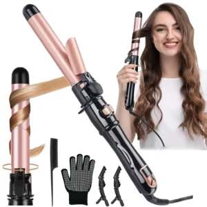 Rose gold automatic rotating curling iron with LED display and ceramic tourmaline barrel for creating long-lasting curls and waves on any hair type.