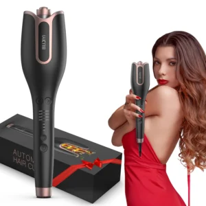 Black automatic hair curler with adjustable temperature settings and a 360-degree rotating anti-tangle cable for easy and safe styling.