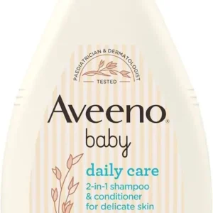 Bottle of Aveeno Baby 2-in-1 shampoo and conditioner with natural oat extract, gently cleanses and nourishes baby's delicate hair and scalp.
