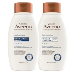 Aveeno Fresh Greens shampoo and conditioner set infused with rosemary, peppermint, and cucumber to clarify, thicken, and volumize fine hair.