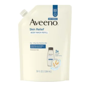 Aveeno Skin Relief fragrance-free body wash refill pouch with Triple Oat formula gently cleanses and moisturizes dry, sensitive, and itchy skin.