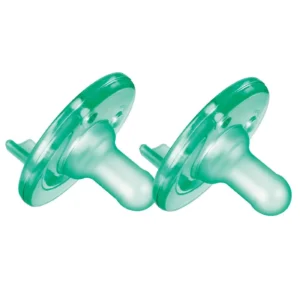 Green Philips AVENT Soothie pacifiers, sized for babies 0-3 months, made of hospital-grade silicone in a durable, one-piece design.