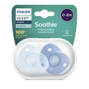 Philips AVENT Soothie pacifier in green and blue, a unique silicone design developed for premature babies and used by medical professionals to develop natural absorbency, available in a double pack.