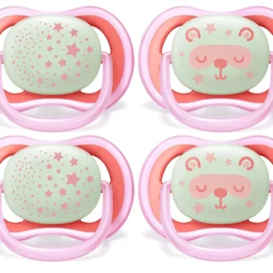 Four pink Philips AVENT Ultra Air Nighttime pacifiers for babies 6-18 months with glow in the dark handles, packaged with two sterilizer carrying cases.