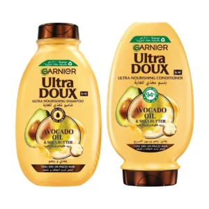 Garnier Ultra Doux avocado and shea butter shampoo and conditioner set deeply nourishes very dry, frizzy hair for a soft, shiny, and frizz-free result.
